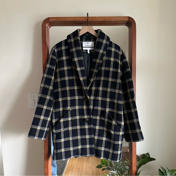 Derek Lam 10 Crosby Plaid Cocoon Coat Women's 4 Navy and Yellow Wool Blend Lined - Picture 3 of 12